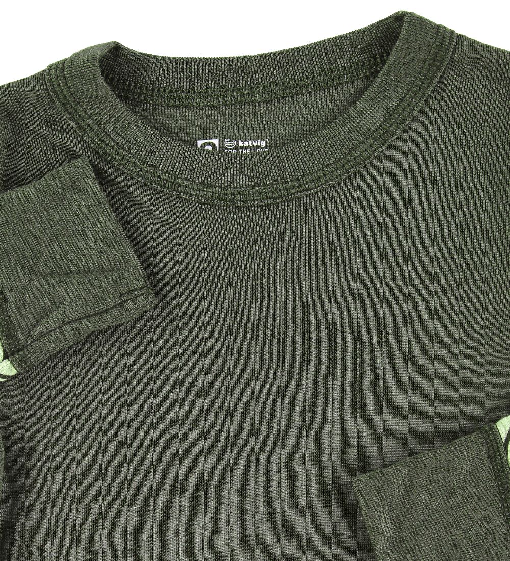 Katvig Long Sleeve Top - Wool - Army Green/Green w. Apples