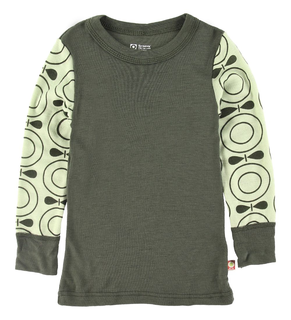 Katvig Long Sleeve Top - Wool - Army Green/Green w. Apples