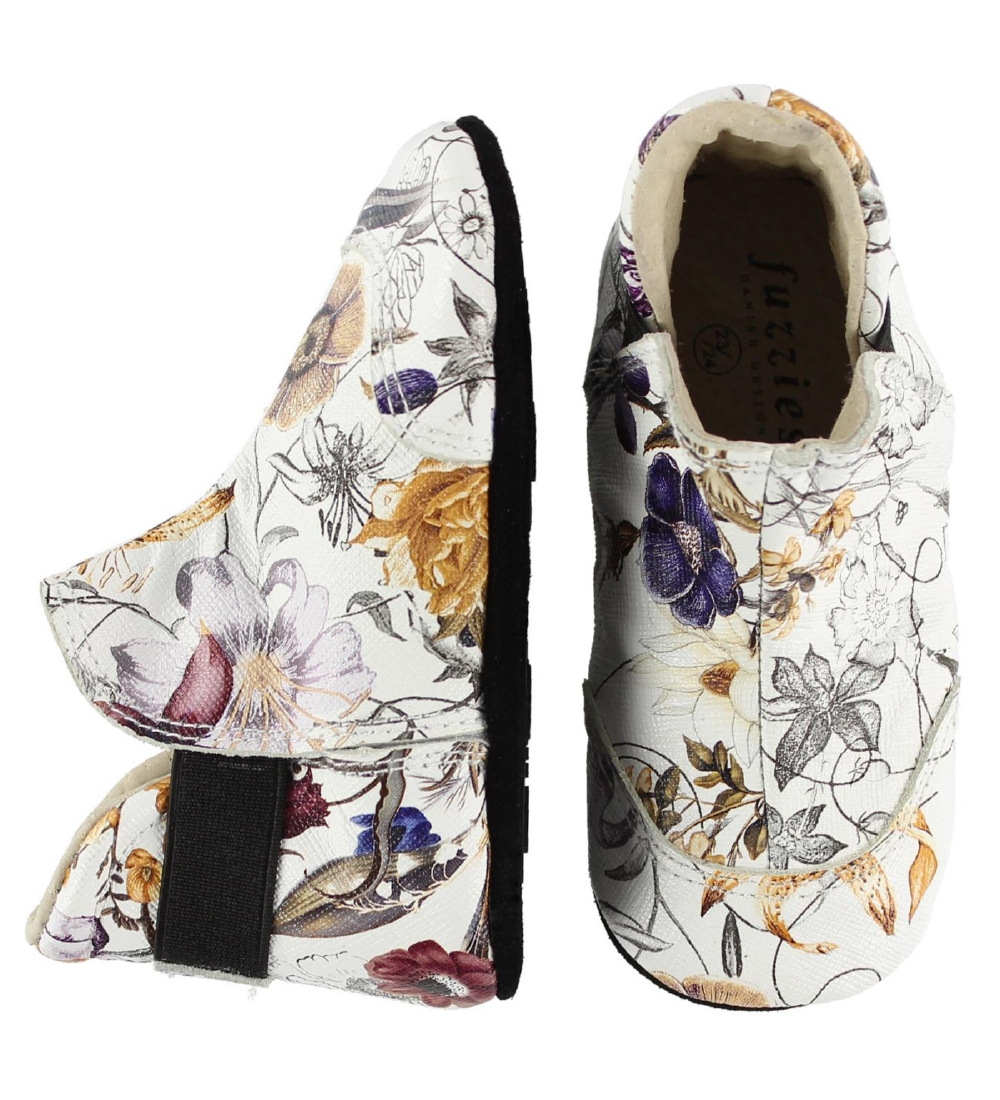 Fuzzies Soft Sole Leather Shoes - Sia - White/Flowers